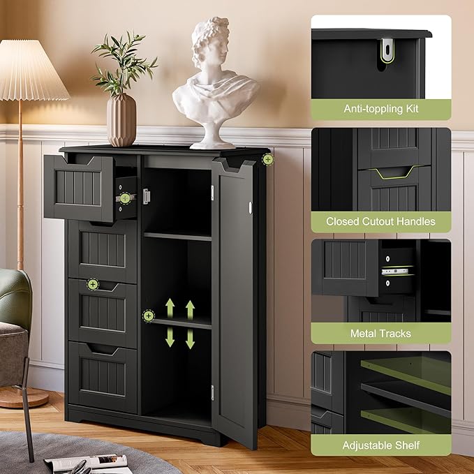 Gizoon Small Pantry Cabinet with Door and Shelves, 33'' Kitchen Pantry Cabinet Freestanding Wooden Bathroom Storage Cabinet with 4 Drawers for Kitchen and Dining Room, Black