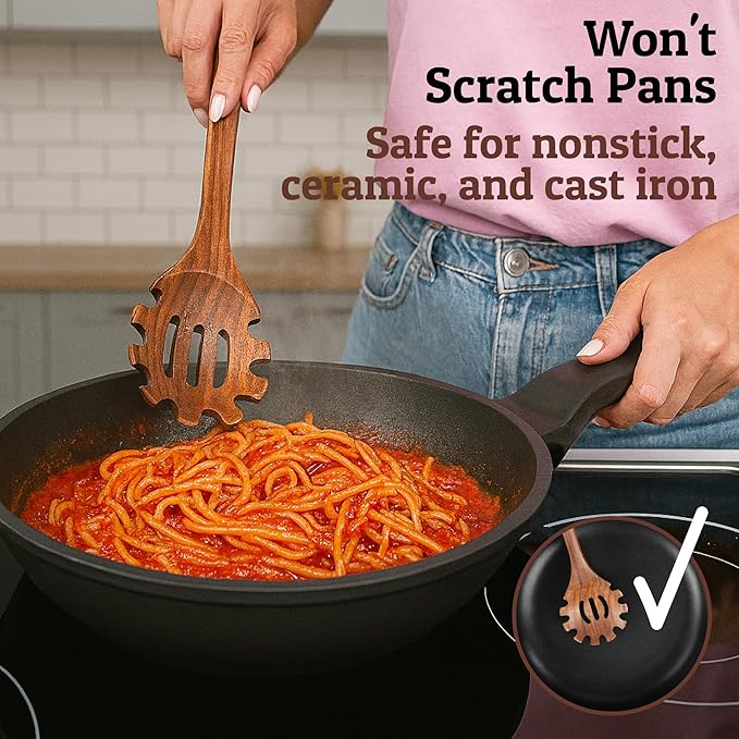 PriorityChef Wooden Pasta Spoon – Handcrafted Teak Wood Spaghetti Spoon Server for Stirring & Serving – Durable, Nonstick Safe, and Easy to Clean Utensil