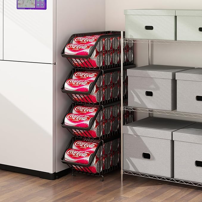 GILLAS 4 Pack Stackable Soda Can Organizer for Refrigerator, Can Holder Dispenser, Canned Food Storage Rack for Fridge, Kitchen, Countertops, Cabinets, Black