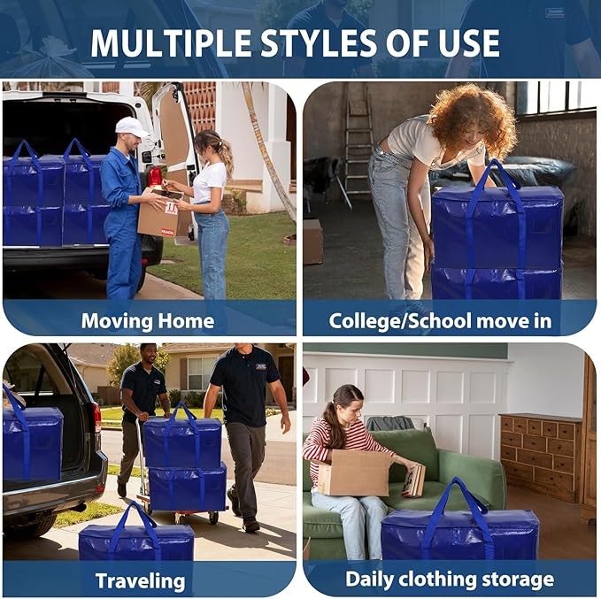 6 Pack Moving Bags Heavy Duty, Extra Large Moving Bags, Moving Supplies, Storage Bags with Handles and Zippers, Waterproof Totes for Storage Space Saving Packaging Shipping and Travel(Blue)