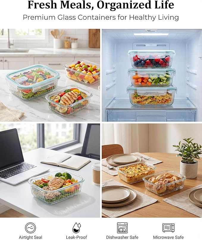 5-Packs, 36 Oz Glass Meal Prep Containers with Snap Locking Lids Glass Food Containers,Airtight Lunch Container,Microwave, Oven, Freezer and Dishwasher