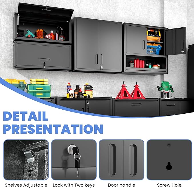 BIZOEIRON Garage Wall Cabinet with Doors and Shelves, Wall Mounted Metal Storage Cabinet with Open Storage, Lockable Hanging Tool Cabinet for Garage Utility Room, Black