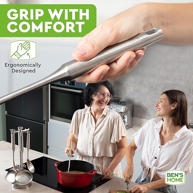 BEN'SHOME Stainless Steel Kitchen Utensil Set - 6-Piece Cooking Utensils with Holder Stand | Spatula, Ladle, Serving Spoons, Spaghetti Server | Dishwasher Safe