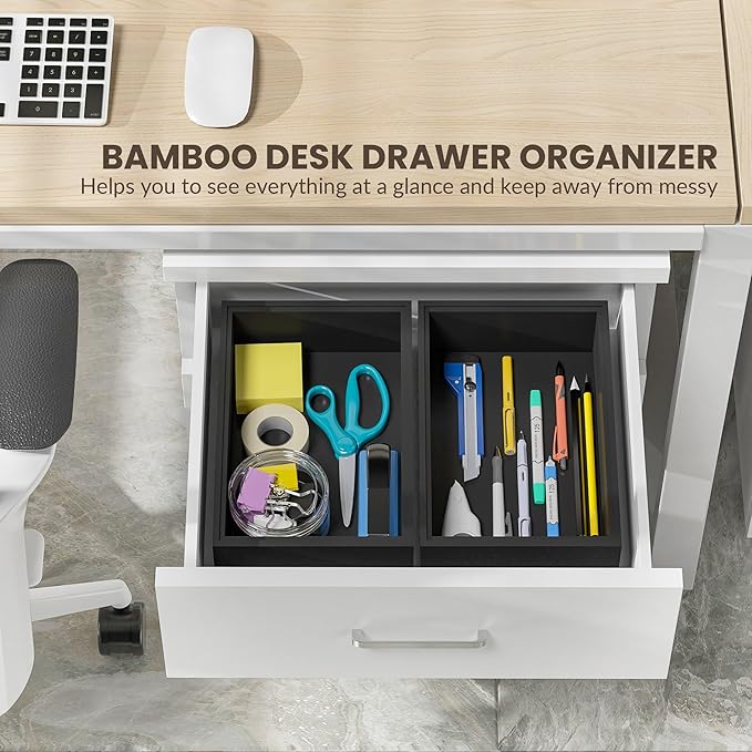 Greatseas Kitchen Drawer Organizer Bins, Stackable Bamboo Drawer Organizer for Silverware, Flatware, Deep Office Desk Organizer Tray, Desktop Pen, Office Organization Black 9" x 6" x 2.5"(Set of 2)
