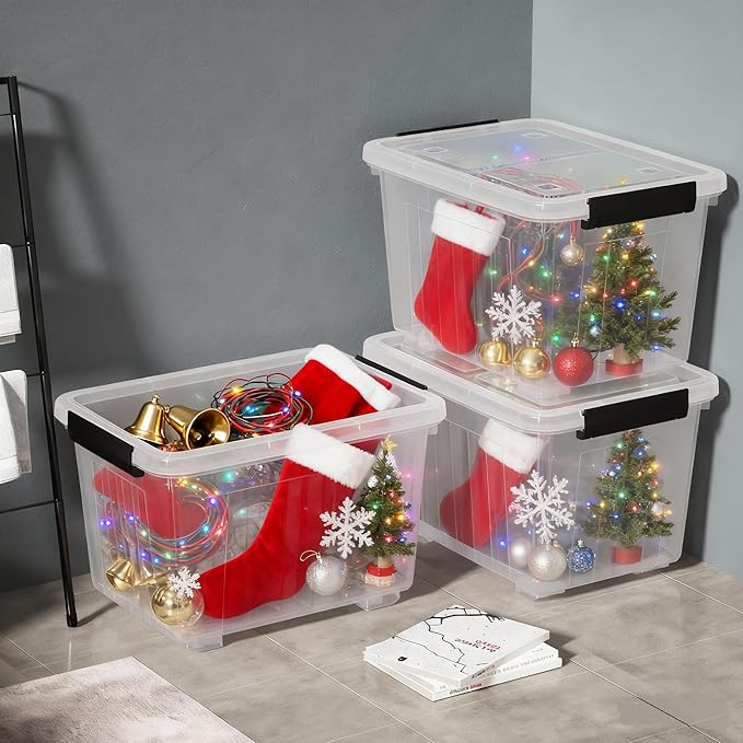 4 Packs 50 L Plastic Latching Box with Wheels, Holiday Wreath Storage Container Box with Lid, for Office and Home Organization