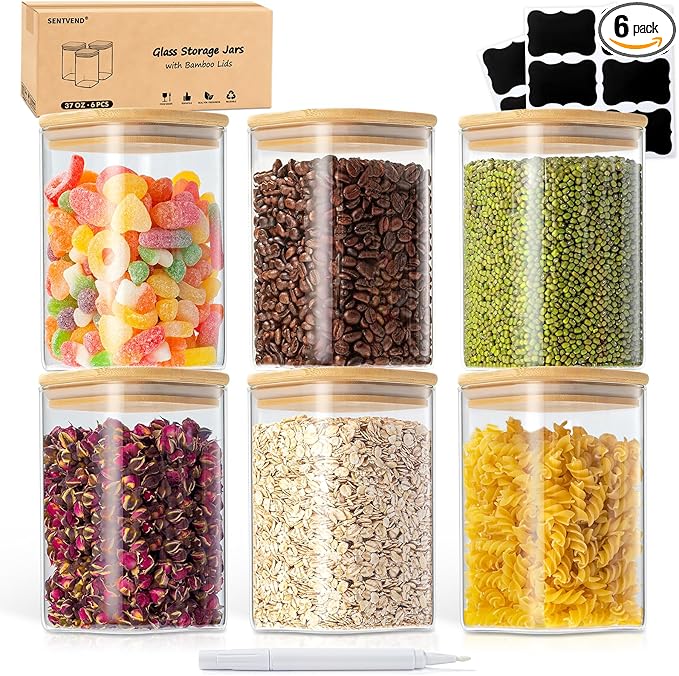 37 Oz Glass Storage Jars with Bamboo Lids - 6 Pack Clear Glass Canisters Square Airtight Stackable Ideal for Pantry Storage Containers Organizers Great for Storing Oats Coffee Beans Nuts etc
