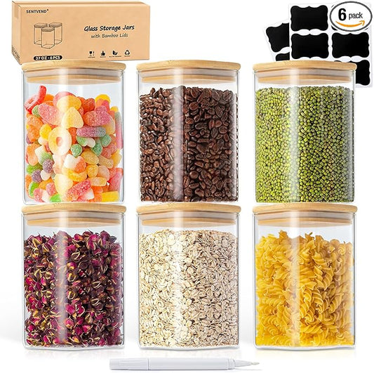37 Oz Glass Storage Jars with Bamboo Lids - 6 Pack Clear Glass Canisters Square Airtight Stackable Ideal for Pantry Storage Containers Organizers Great for Storing Oats Coffee Beans Nuts etc