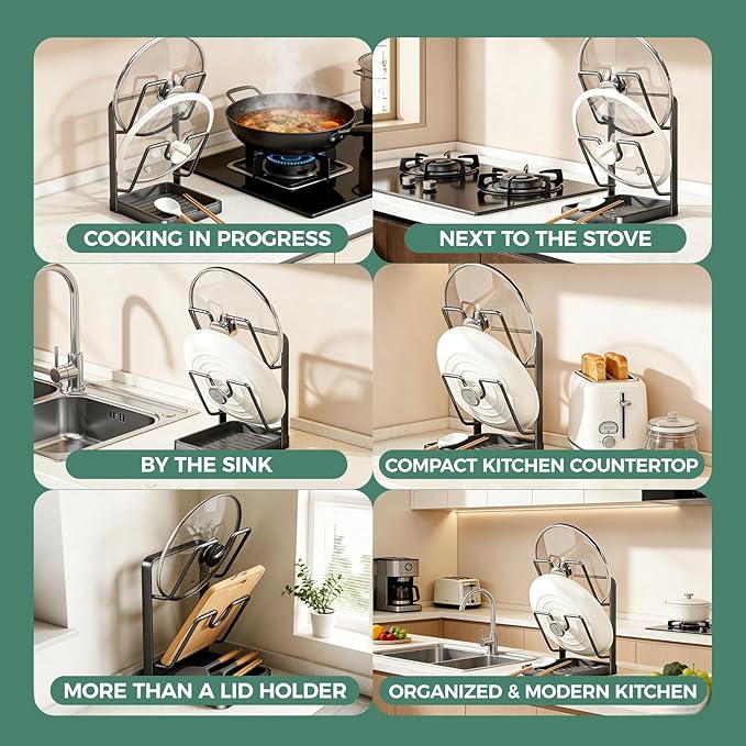 Hlonns Kitchen Pot Lid Storage Rack, Double Layer Pot Lid Organizer Rack & Holder While Cooking, Metal Pot Lid Stand with Spoon Rest and Removable Drip Tray, Space-Saving Design (Beige, 2)