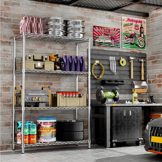 Storage Shelves Heavy Duty, 36" L x 14" W x 54" H Garage Wire Shelving Unit Loads 1400LBS, 4-Tier Adjustable Metal Industrial Utility Shelf Rack for Kitchen, Laundry Room, Pantry, Warehouse, Basement