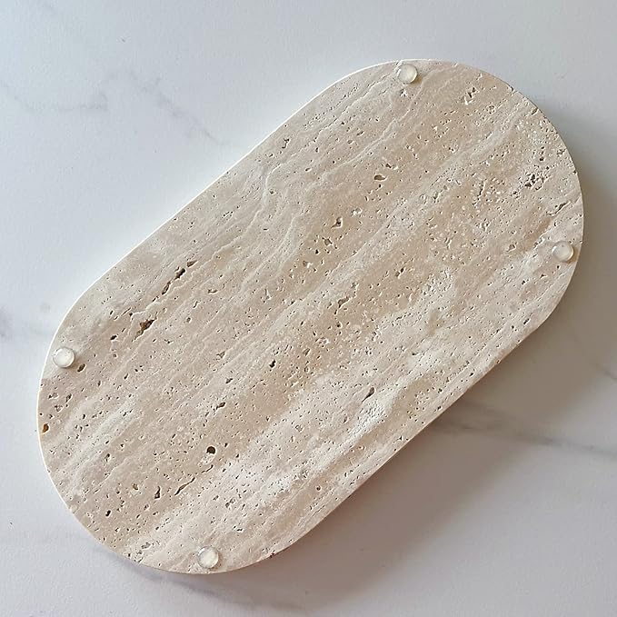 SAIDKOCC Marble Oval Handmade Tray Ornaments Vintage Tray Storage Dish for Counter,Coffee Table,Nightstand and Desk,Bathroom (Beige Travertine)
