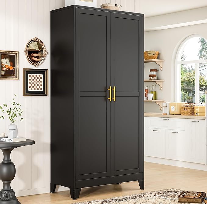PAOFIN 75" Metal Kitchen Pantry Cabinet,Black Storage Cabinet with Doors and 5 Adjustable Shelves, Cabinet with 2 Metal Handles,Tall Cabinet for Livingroom,Pantry, Bathroom,Kitchen