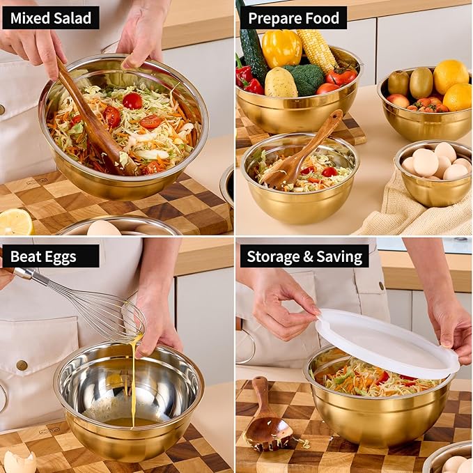 LKTDYMEG Gold Mixing Bowls with Lids Set of 7, Stainless Steel Nesting Bowl with Khaki Lid for Non-slip Mixing Prepping Storing Serving, 7 Sizes-7/3.6/2.7/2.1/1.5/1/0.8 QT