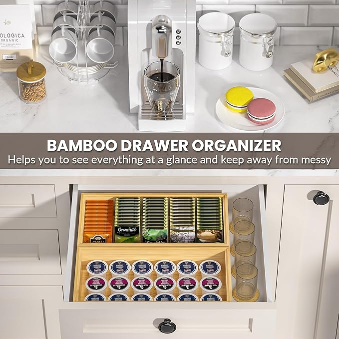 Greatseas Kitchen Drawer Organizer Bins, Stackable Bamboo Drawer Organizer for Silverware, Flatware, Coffee Pod Organizer K Cup Holder for Countertop, 2 Pcs Coffee Station Organizer 12" x 6" x 2.5"