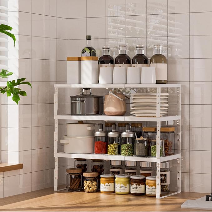 Ipotive Cabinet Shelf,Expandable Adjustable Stackable Kitchen Organizer,for cabinets, Kitchens, countertops, bathrooms Shelf Organizer(1Pack/White,Large)