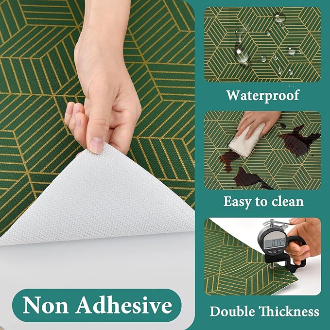 Shelf Liners for Kitchen Cabinets 12in x 20FT, Non Adhesive Cabinet Liner Strong Non-Slip Thickened Gold Green Geometric Drawer Liner, Easy to Clean for Shelf, Cabinet with Knife and Tape Measure