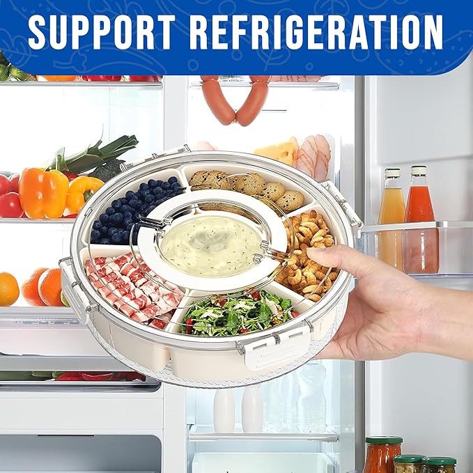 Rotating Snack Box Container for Parties, Veggie Tray with Lid, Divided Serving Box for Fruit, Large Rotating Tray with Lid for Kids and Fridge Storage (12" Snackle Box)