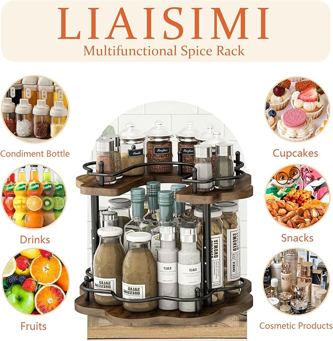 LIAISIMI 2 Tier Lazy Susan Organizer,2-Tier Spinning Spice Rack with Stable Carousel Base & 4 Height Settings for Cupboard Kitchen Countertop Dining Table Cupboard (Petal Shape)