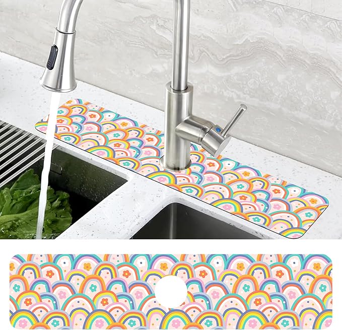Boho Rainbow Hippie Floral Kitchen Sink Splash Guard Mat Absorbent Fast Drying Mat Faucet Draining Mat Sink Splash Guard Behind Faucet Drip Catcher for Kitchen Bathroom 5.5"×24"