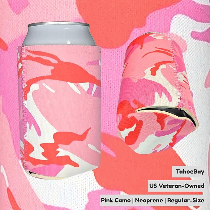 TahoeBay Neoprene Can Cooler Sleeves (50-Pack) Bulk Blank Sublimation Blanks for Vinyl Regular Size Plain Beer Coolers for Soda Cans & Bottles Black, White, Solid Color Set (Pink Camo)