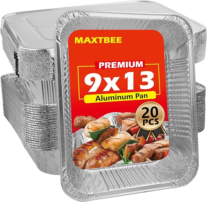 MAXTBEE 9x13 Aluminum Foil Pans with Lid, 20 Pack Disposable Trays Half Size Heavy Duty Tin Pans Deep Food Containers For Cooking, Meal Prep, Baking, Roasting, Chafing, Heating or Steam Table