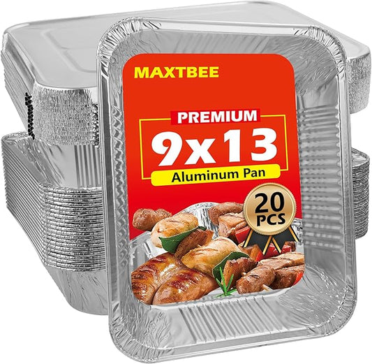 MAXTBEE 9x13 Aluminum Foil Pans with Lid, 20 Pack Disposable Trays Half Size Heavy Duty Tin Pans Deep Food Containers For Cooking, Meal Prep, Baking, Roasting, Chafing, Heating or Steam Table