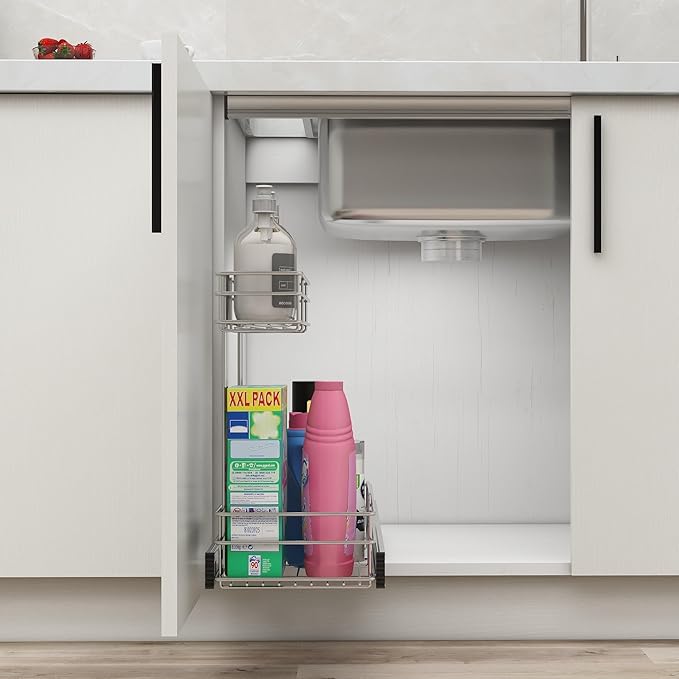 STORKING Under Sink Organizer 9" W X17 D, Pull Out Cabinet Organizer 2 Tier, Under Sink Slide Out Chrome Plated, Under Kitchen Bathroom Sink Organizer, Pantry Cabinet Closet Organization Rack, 2 Pack