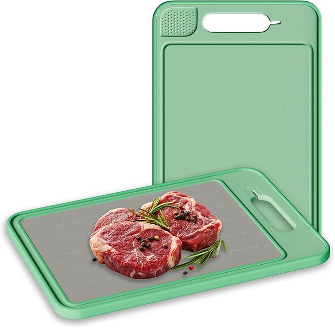 2-Sided Cutting Board with Built-In Grinder & Knife Sharpener - Stainless Steel & Buckwheat Surface - Non-Slip, Durable, Easy-to-Clean, Juice Groove, Portable for Kitchen & Camping (Mint)