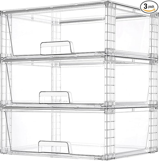 Vtopmart 3 Pack Large Stackable Storage Drawers,Easily Assemble Clear Acrylic Bathroom Closet Undersink Organizers,Plastic Storage Bins for Cabinet,Kitchen Pantry,Medicine Organization