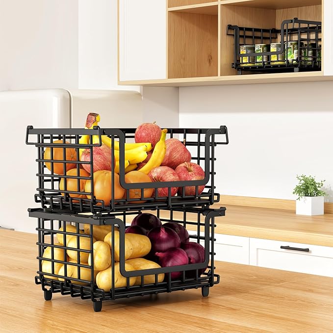 1 Pack Stackable Metal Wire Vegetable Fruit Basket for Kitchen Counter Cabinet, Pantry Organizers and Storage Basket, Food Can Snack Onion Potato Bread Storage Shelf Freezer Organizer Bins Black