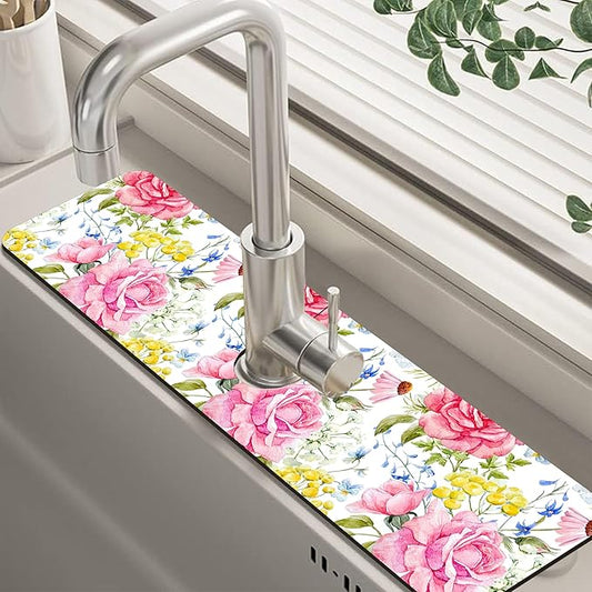 Watercolor Light Pink Floral Dish Drying Mat for Kitchen Sink Splash Guard Behind Faucet Sink Mat Absorbent Fast Drying Faucet Draining Mat for Bathroom Kitchen 5.5"×24"