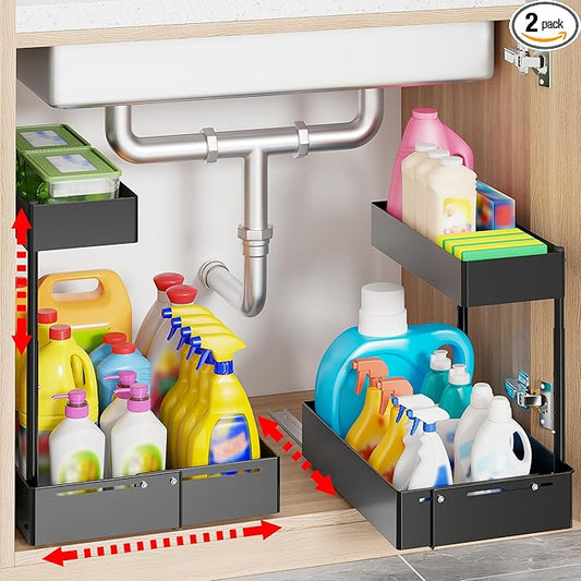 Pull Out Under Sink Organizer 2 Pack, 2 Tier Expandable Under Cabinet Storage with Height Adjustable Design for Kitchen Bathroom Laundry Room