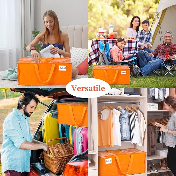 4 Pcs 24 Gallon Extra Large Moving Bags Heavy Duty Storage Bag with Strong Zipper Handle Foldable XXL Jumbo Storage Tote Packing Moving Box for College Dorm Travel Cloth Duffle (Jelly Orange)