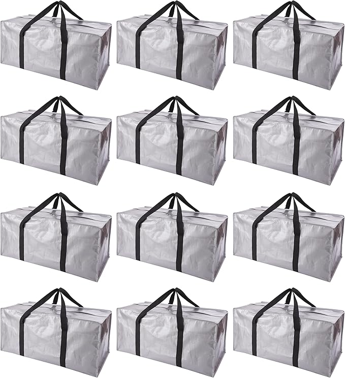 Extra Large Moving Bags with Zippers & Carrying Handles, Heavy-Duty Storage Tote for Space Saving Moving Storage, Fold Flat, Alternative to Box and Bin - 12 Pack, Silver