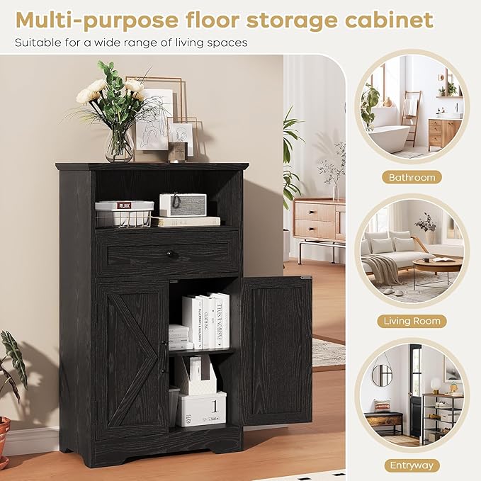 Viroformo Floor Cabinet, Farmhouse Storage Cabinet with Barn Doors and Drawer, 11.81" D x 23.62" W x 39.37" H Black Freestanding Adjustable Shelf Organizer for Bathroom, Kitchen, Living Room