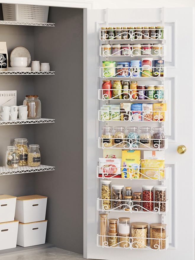 Over the Door Pantry Organizer, 9-Tier Pantry Organization and Storage for Kitchen, Metal Hanging Spice Rack Shelves Door for Home & Kitchen, Laundry Room Bathroom, White
