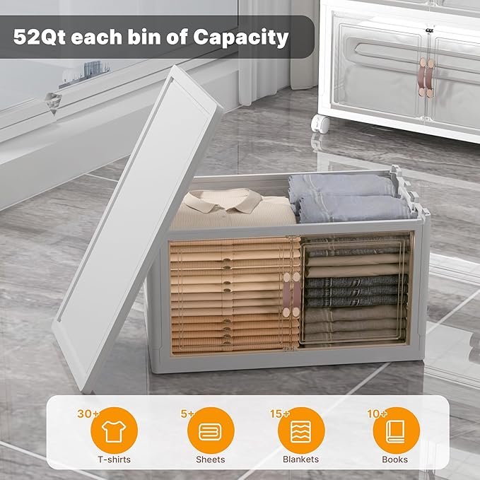Extra Large Stackable Storage Bins with Lids & Wheels & Door, 416QT-52QT/13GAL*8Pack Foldable Collapsible Closet Organizers, Plastic containers drawers for bedroom Dorm