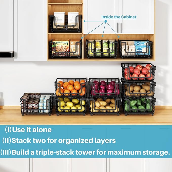 1 Pack Stackable Metal Wire Vegetable Fruit Basket for Kitchen Counter Cabinet, Pantry Organizers and Storage Basket, Food Can Snack Onion Potato Bread Storage Shelf Freezer Organizer Bins Black