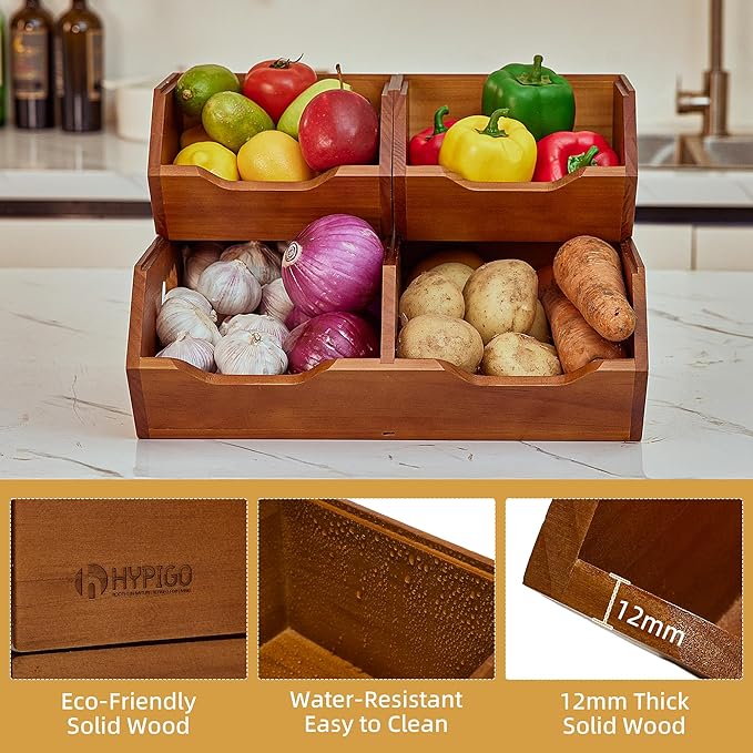 Wood Pantry Storage Bins, Stackable Large Capacity Potato and Onion Storage Baskets, Kitchen Pantry Organizers for Vegetables, Bread, Spices (Set of 3)