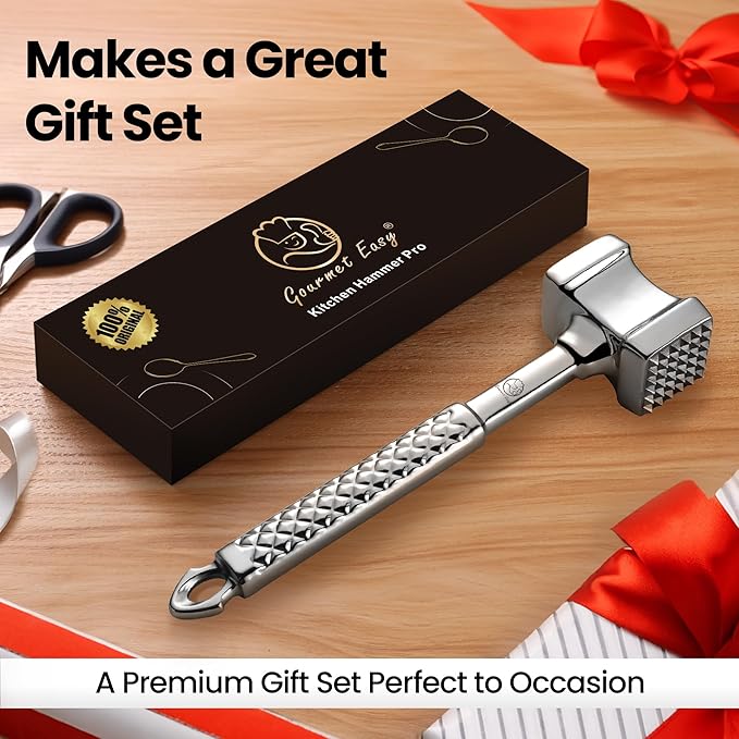 Stainless Steel Meat Tenderizer Tool, Premium Meat Mallet with Non-Slip Grip, Dual-sided Kitchen Mallet Ideal for Tenderizing Steak, Poultry & Chicken Cutlet, Dishwasher Safe with Lifetime Replacement