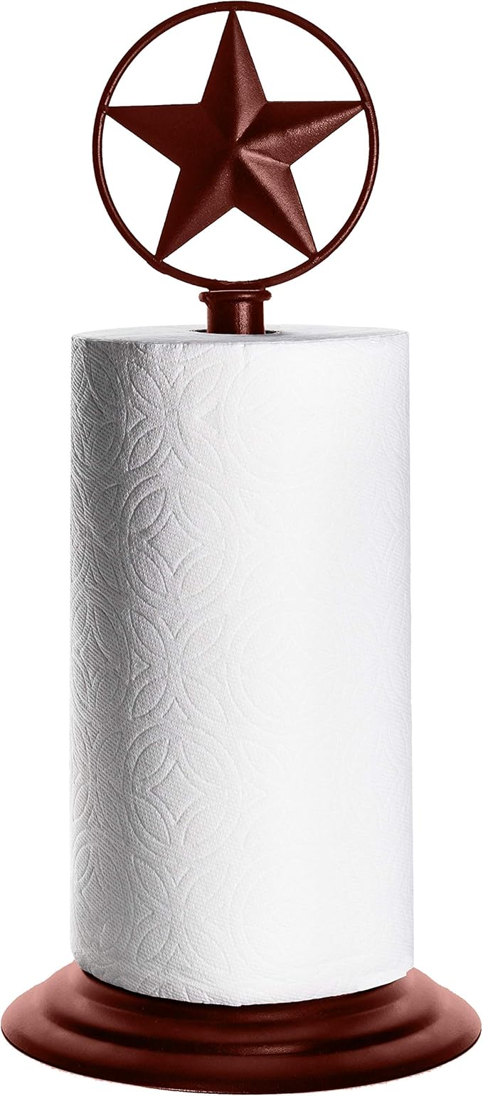 Brown Rustic Texas Star Paper Towel Holder, Napkin Holder, Salt and Pepper Shakers Holder, Country Farmhouse Iron Kitchen Counter Accessory Set Holders (Paper Towel Holder)