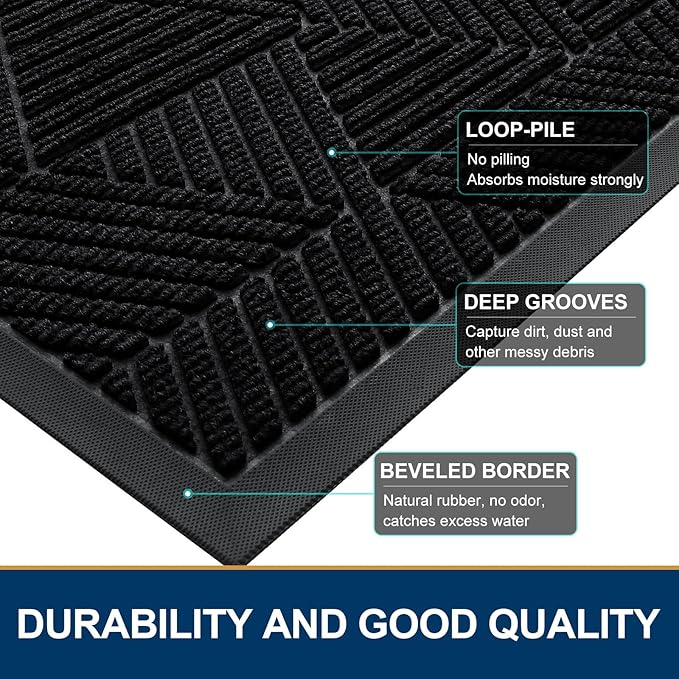 Smiry Front Door Mat Outside Entrance, Heavy Duty Sturdy Natural Rubber Doormat, Trap Dirt and Moisture, Easy Clean Low Profile Welcome Floor Mats for Indoor Outdoor Entry, 59x23 Inch, Black