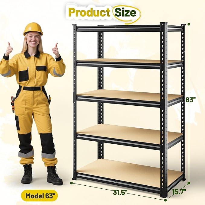 63" H Garage Shelving 31.5" W Storage Shelves Adjustable 2000LBS Metal Shelving Heavy Duty 5 Tier Garage Shelves for Pantry Kitchen Basement Warehouse