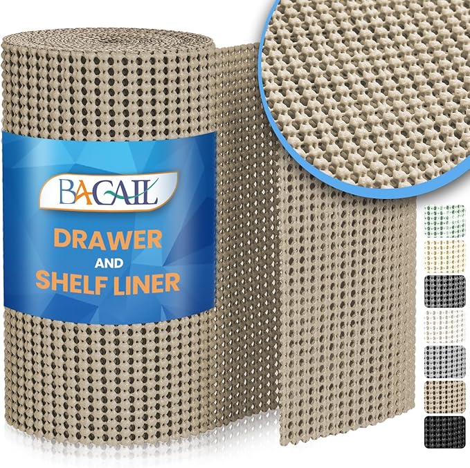 BAGAIL Drawer and Shelf Liner, 17.5 in X 10 Ft Non-Adhesive Shelf Liners for Kitchen Cabinets, Thick Strong Grip Liners for Desk, Shelves, Bathroom Drawers, Cabinet Protection - Beige