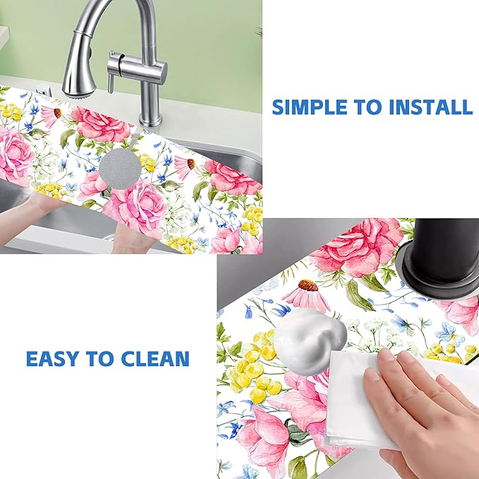 Watercolor Light Pink Floral Dish Drying Mat for Kitchen Sink Splash Guard Behind Faucet Sink Mat Absorbent Fast Drying Faucet Draining Mat for Bathroom Kitchen 5.5"×24"