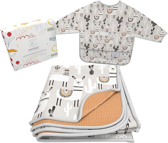 BABYBOET Splat Mat for Baby – Under High Chair Floor Mat Protects Wood, Vinyl and Carpet from Spills – Waterproof 4 Layer Baby Mat Bundle with Waterproof Matching Smock (51” x 51”)