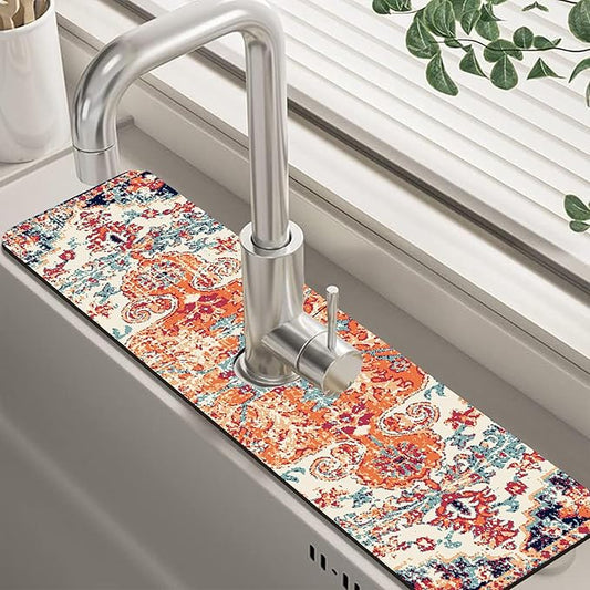 Oriental Turkish Carpet Pattern Red Dish Drying Mat for Kitchen Sink Splash Guard Behind Faucet Sink Mat Absorbent Fast Drying Faucet Draining Mat for Bathroom Kitchen 5.5"×24"
