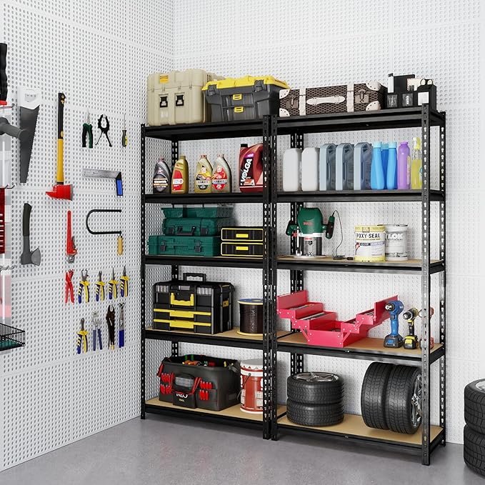 60'' H Garage Storage Shelves,2 PCS Shelving Units and Storage,2400 LBS Heavy Duty Shelving, Ajustable Garage Shelving,5 Tier Metal Shelves Basement, Warehouse