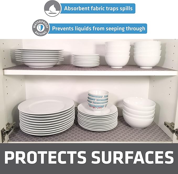 Drymate Premium Luxury Shelf & Drawer Liner, Thick Cushioned Fabric, Non-Adhesive, Absorbent, Waterproof, Slip-Resistant, Liners for Kitchen Cabinets, Cupboards (USA Made)(12”x59”)(2-Pack)(Taupe)