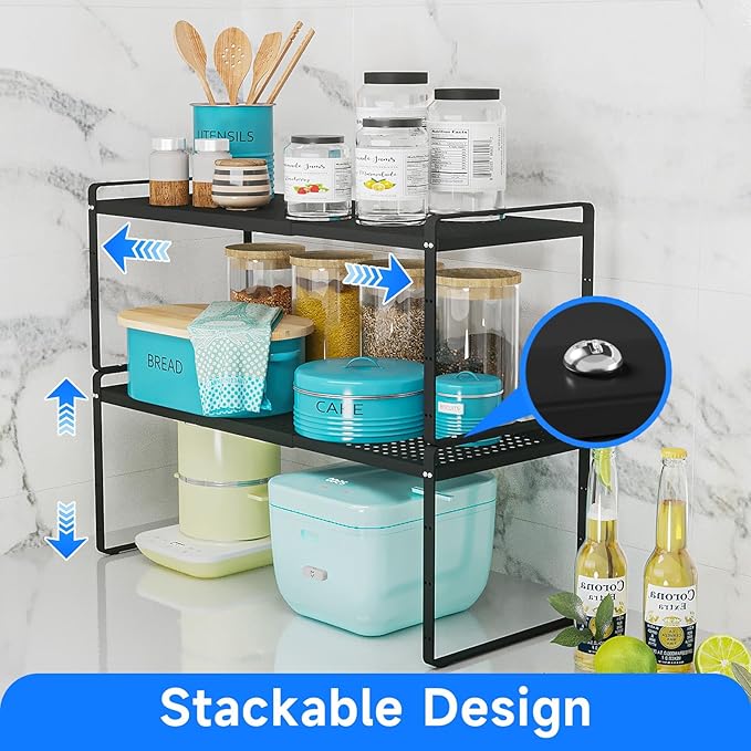 KIKIBRO Expandable Kitchen Shelf Organizers, Kitchen Cabinet Organizer Stand Rack Organization for Countertop Office Desktop, Black 2 Pack