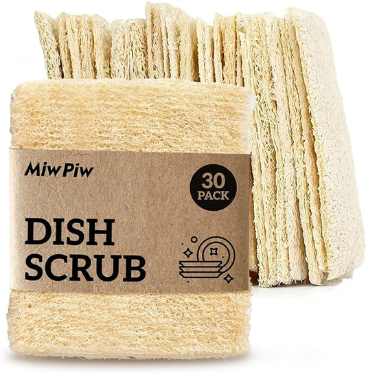 Natural Loofah Dish Sponge (Pack 30) Multipurpose Dish Sponges - 100% Biodegradable Compostable Dishwashing Scouring Pad Zero Waste (2.75" x 2.75" Each)